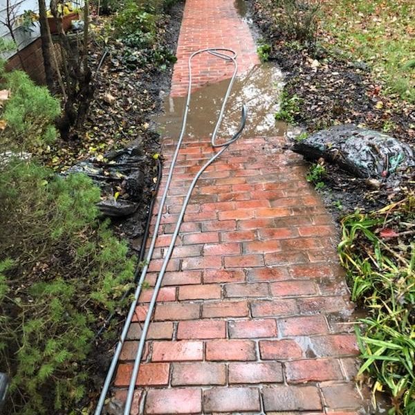 A brick pathway has been partially flooded with rainwater, creating a slick and messy surface. Wet leaves and plants outline the edges of the walkway, emphasizing the need for cleaning and maintenance. Overcast lighting reveals the remnants of a recent rainfall, highlighting areas where dirt and grime have accumulated. This scenario is perfect for Maryland Pro Wash, a reliable pressure washing business servicing Harford County MD, Baltimore County MD, Cecil County MD, Howard County MD, Carroll County MD, Anne Arundel County MD in addition to Wilmington DE, New Castle County DE in Delaware and Delaware County PA. With professional equipment and expertise in exterior cleaning solutions, Maryland Pro Wash can restore your pathways and outdoor spaces to their best condition after rain showers or any weather event.
