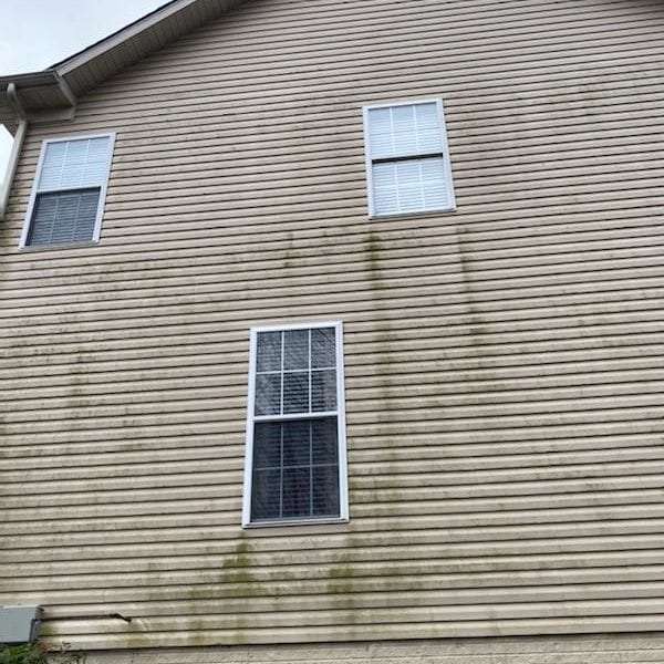 The image depicts the side of a house featuring beige siding and three windows—two on the upper floor and one on the lower. Noticeable greenish discoloration is present on the siding, suggesting an ideal scenario for a professional cleaning service. If you're located in Harford County, MD; Baltimore County, MD; Cecil County, MD; Howard County, MD; Carroll County, MD; Anne Arundel County, MD; Wilmington DE; New Castle County DE; or Delaware County PA, Maryland Pro Wash could be your go-to solution. They specialize in pressure washing services that can effectively remove such discolorations and restore the exterior appearance of homes like this one. With their regional expertise and commitment to quality service, Maryland Pro Wash is well-equipped to handle all your exterior cleaning needs.