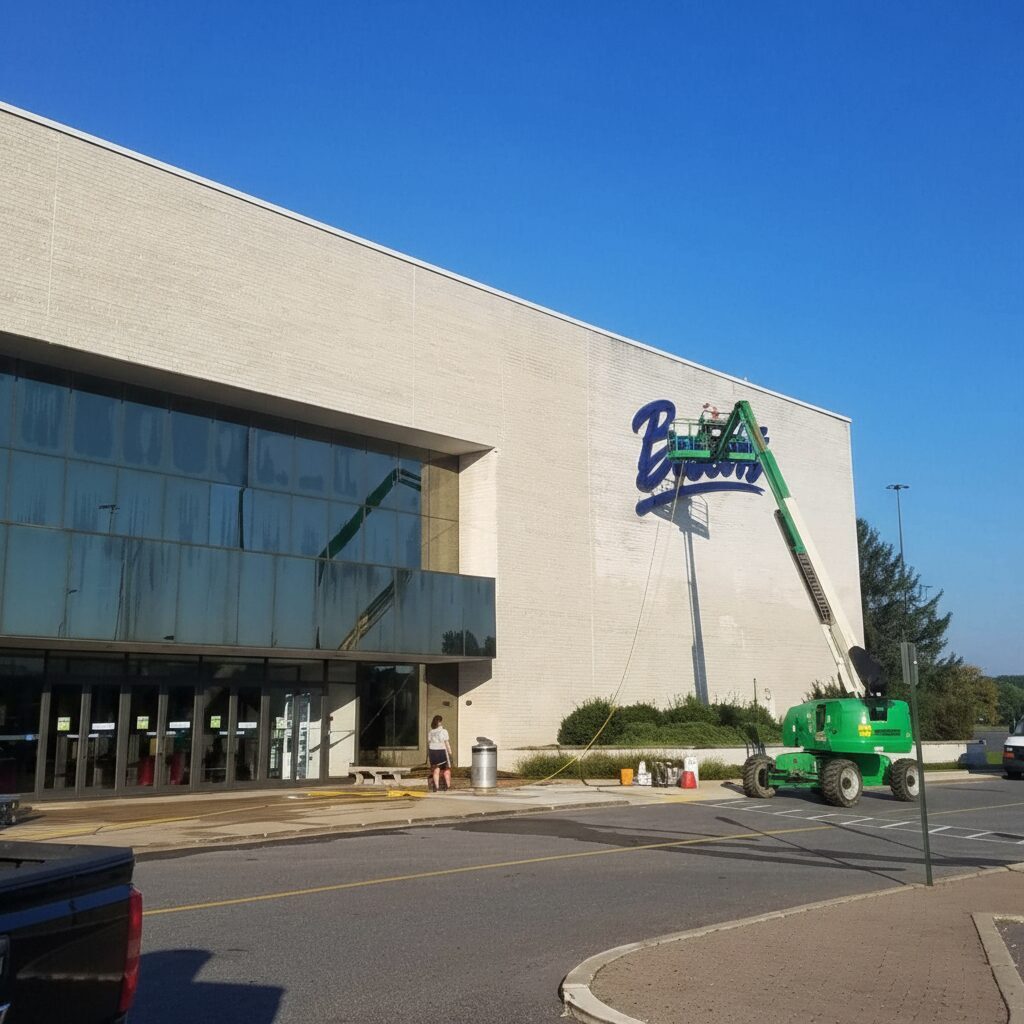 Employee Actively Pressure Washing Boscovs Mall And its Sign Using a Lift By Maryland Pro Wash 