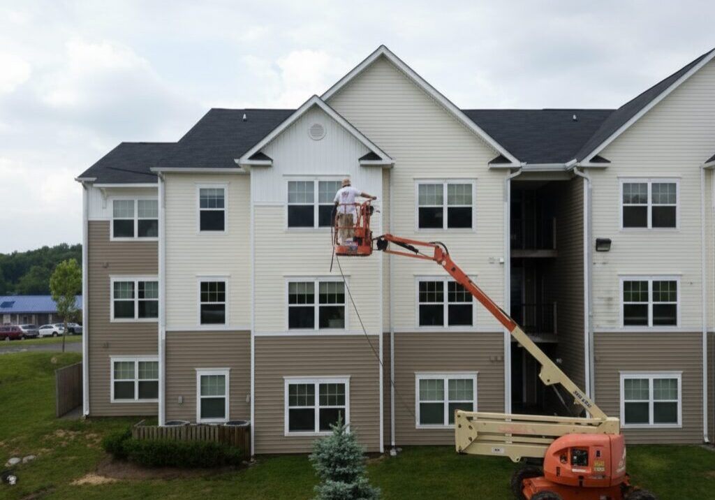 Employee Actively Pressure Washing a White Apartment Building and Its Windows Using a Lift By Maryland Pro Wash 