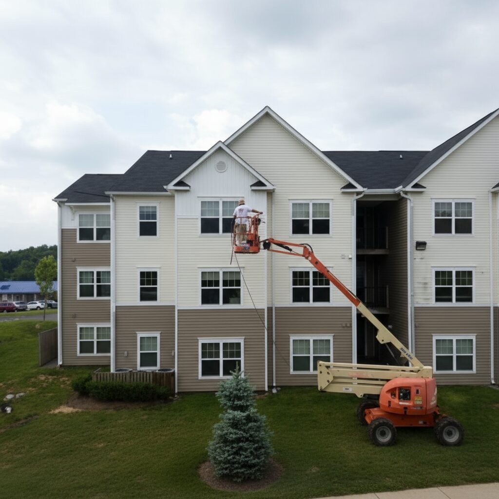 Employee Actively Pressure Washing a White Apartment Building and Its Windows Using a Lift By Maryland Pro Wash&nbsp;